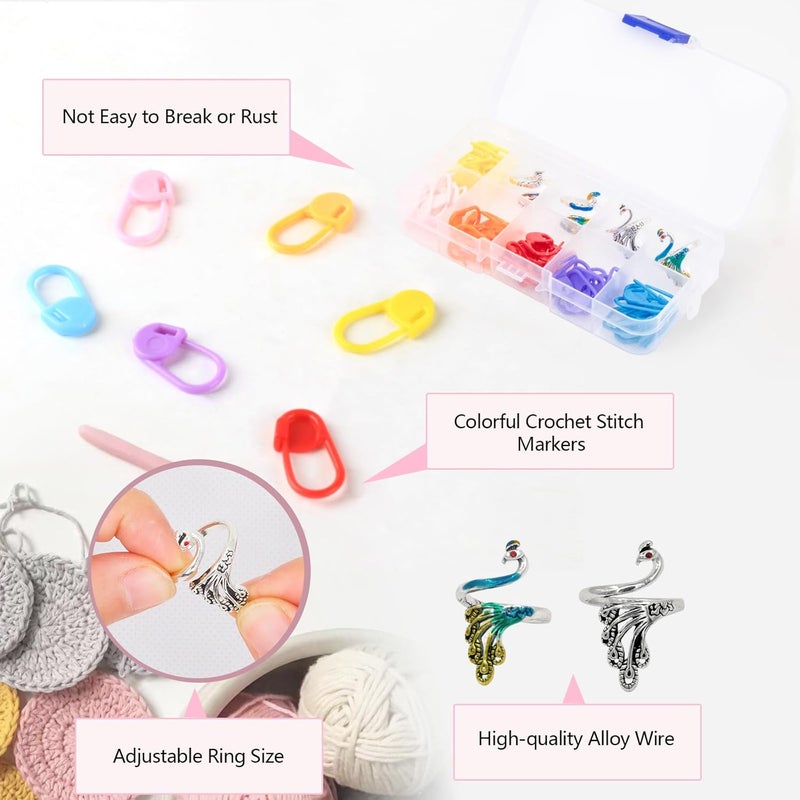 LBU 4Pcs Crochet Ring + 60Pcs Stitch Markers Adjustable Crochet Tension Rings for Finger Yarn Tension Guide Rings Crocheting Knitting Accessories with Box Gifts for Crocheters Knitters(Peacock) - Image 4